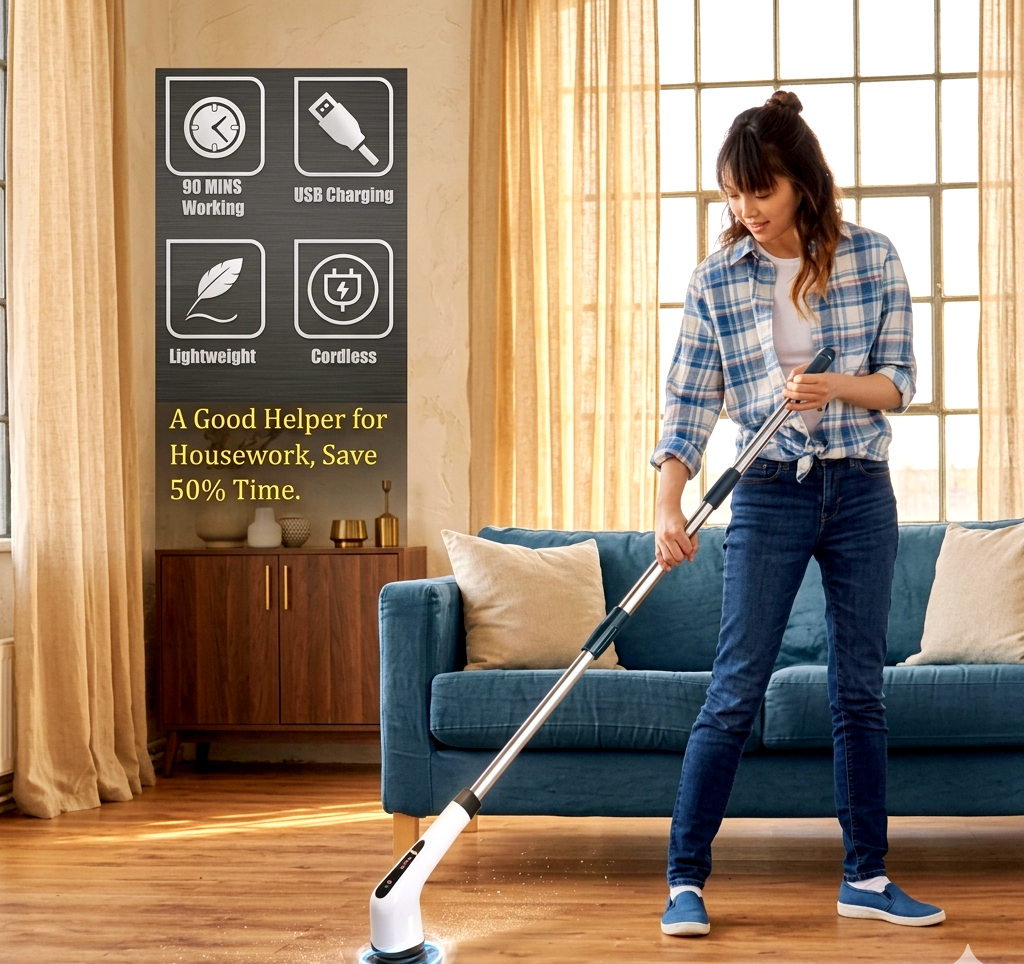 7-in-1 Electric Spin Scrubber: Cordless Cleaning Brush with 8 Replaceable Heads, Adjustable Long Extension Handle (25-140cm), & 300RPM High-Speed Rotation – Ideal for Bathroom, Tub, Tile, and Floor
