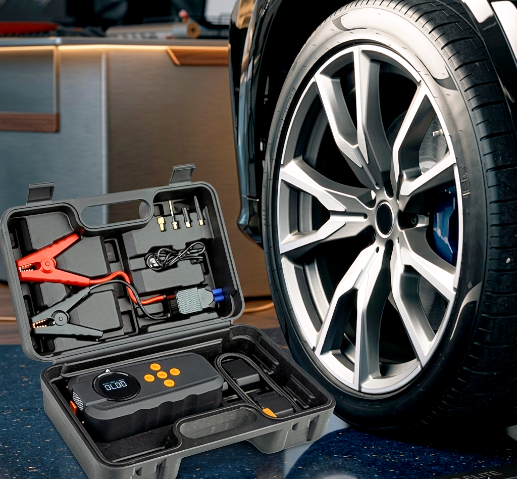 4-in-1 Portable Car Jump Starter & Tire Inflator: 1000A Peak Battery Booster with 150 PSI Air Compressor Smart Car Emergency Kit