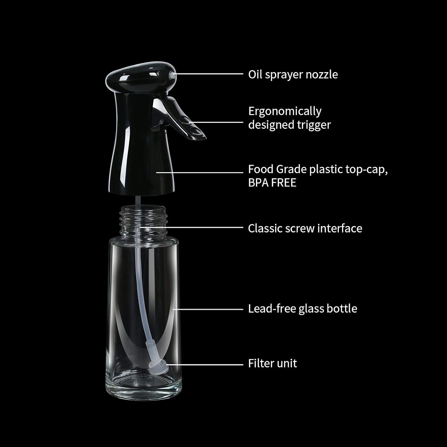 Oil Sprayer for Cooking, Olive Oil Sprayer - Food Safe Glass Bottle, Leakproof Top-Cap, Oil Mister for Baking Salad BBQ Frying Grilling, Multi-Layers Screw Interface, 7Oz/200Ml