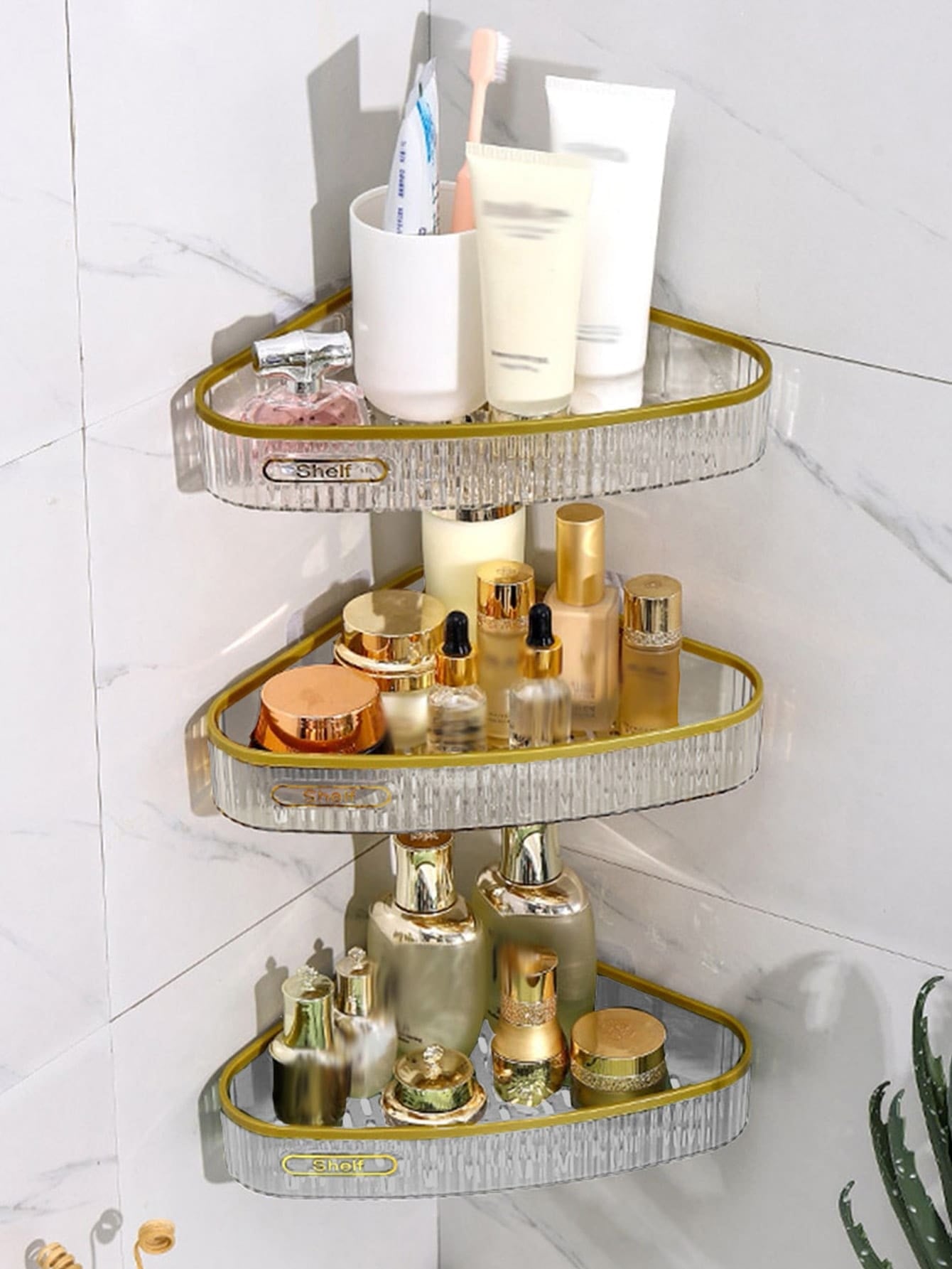 1Pc Bathroom Storage Shelf - Wall Mounted Triangular Corner Shelf - Makeup and Toiletries Organizer Rack