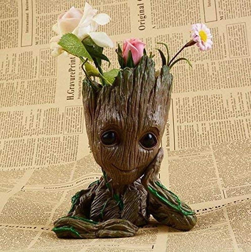 Baby Groot Pen Pot Tree Man Pens Holder or Flower Pot with Drainage Hole Perfect for a Tiny Succulents Plants 6" (Grayish Brown)