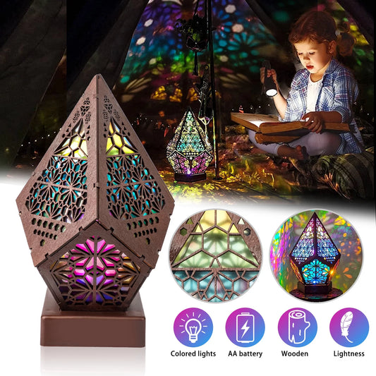 3D Effect Wooden LED Bohemian Lamp, Hollow Diamond Night Light for Home Decor