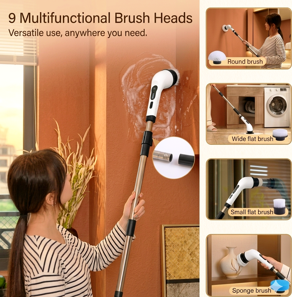 7-in-1 Electric Spin Scrubber: Cordless Cleaning Brush with 8 Replaceable Heads, Adjustable Long Extension Handle (25-140cm), & 300RPM High-Speed Rotation – Ideal for Bathroom, Tub, Tile, and Floor