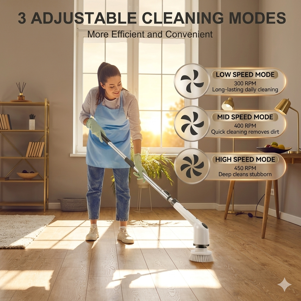 7-in-1 Electric Spin Scrubber: Cordless Cleaning Brush with 8 Replaceable Heads, Adjustable Long Extension Handle (25-140cm), & 300RPM High-Speed Rotation – Ideal for Bathroom, Tub, Tile, and Floor