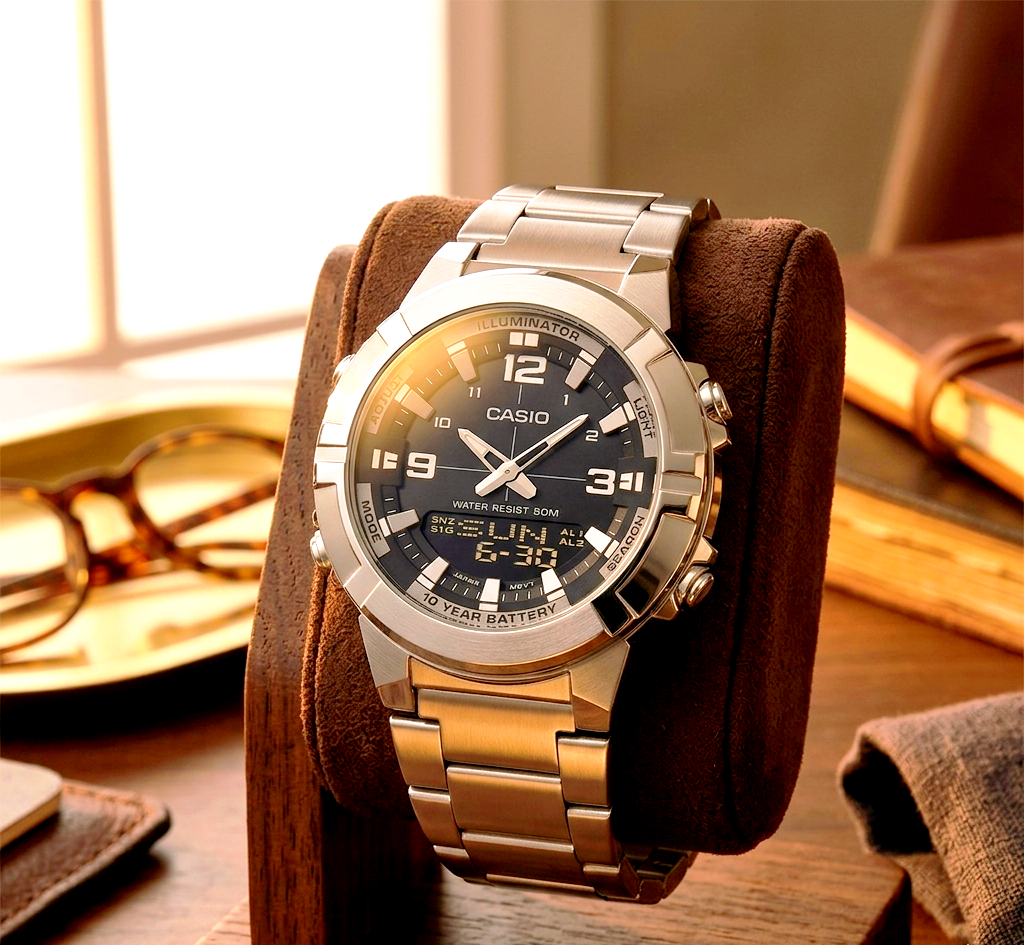 Casio Men's Analog-Digital Stainless Steel Watch – Black Dial & Silver-Tone Bracelet