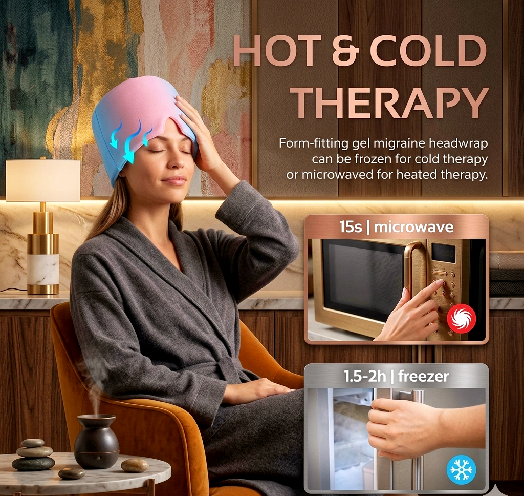 Migraine Relief Cap - Hot & Cold Therapy Headache Ice Wrap for Tension, Sinus, and Stress Relief