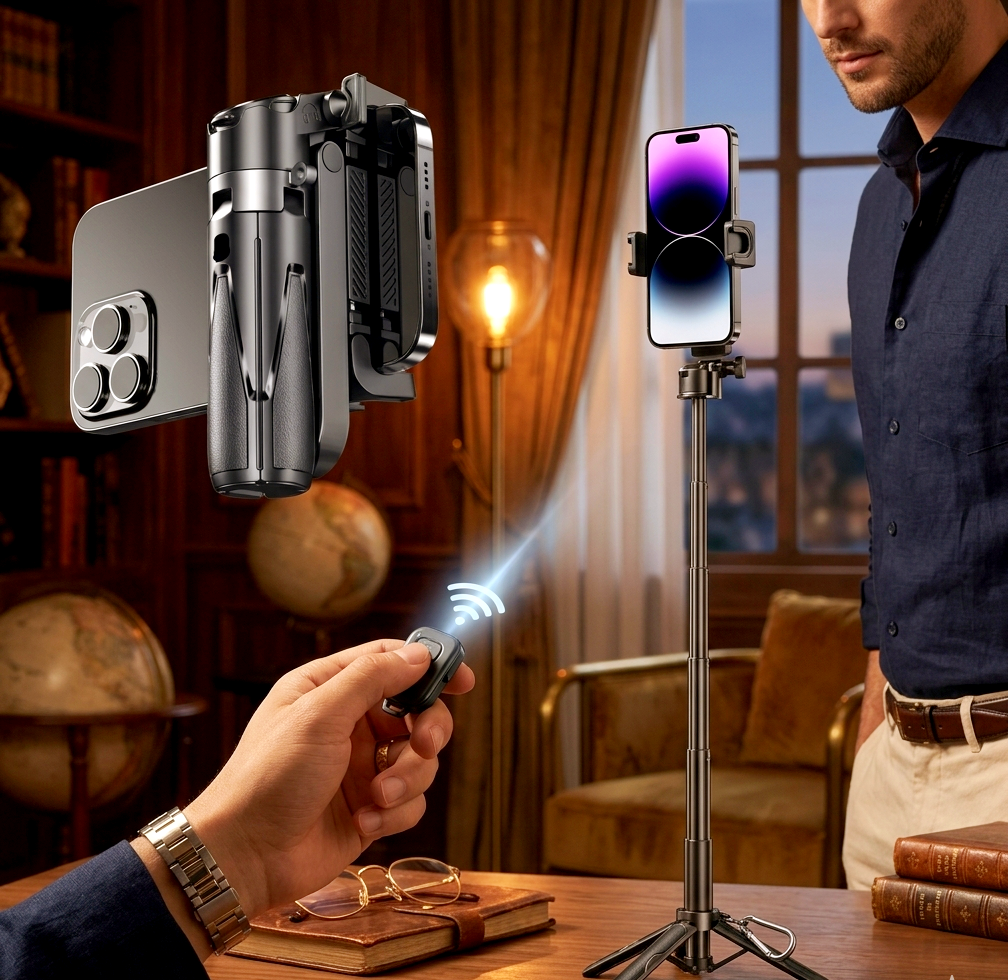 Mini Grip Pro 4-in-1 Foldable Selfie Stick & Quadripod – Pocket-Sized Travel Tripod with 360° Rotation, Anti-Shake Design, and Detachable USB-C Rechargeable Bluetooth Remote – Sleek Black