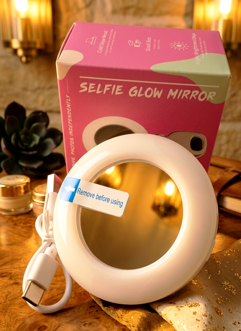 Selfie Glow Mirror – Portable LED Makeup Mirror with Adjustable Brightness & USB Charging