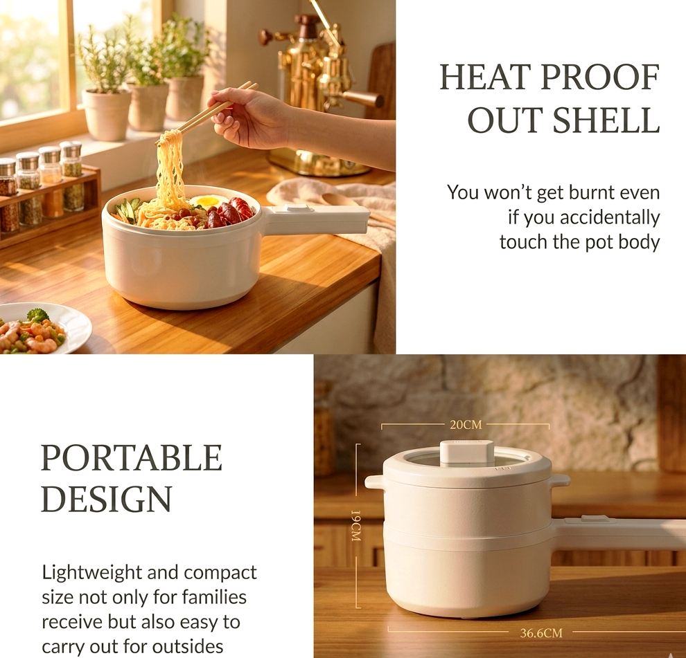 Electric Skillet With Steamer Multi- functional Portable Hot Pot 1.5L - Home - Kitchen - Students - Traveling