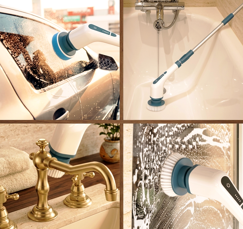7-in-1 Electric Spin Scrubber: Cordless Cleaning Brush with 8 Replaceable Heads, Adjustable Long Extension Handle (25-140cm), & 300RPM High-Speed Rotation – Ideal for Bathroom, Tub, Tile, and Floor