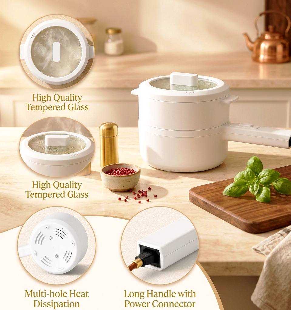 Electric Skillet With Steamer Multi- functional Portable Hot Pot 1.5L - Home - Kitchen - Students - Traveling