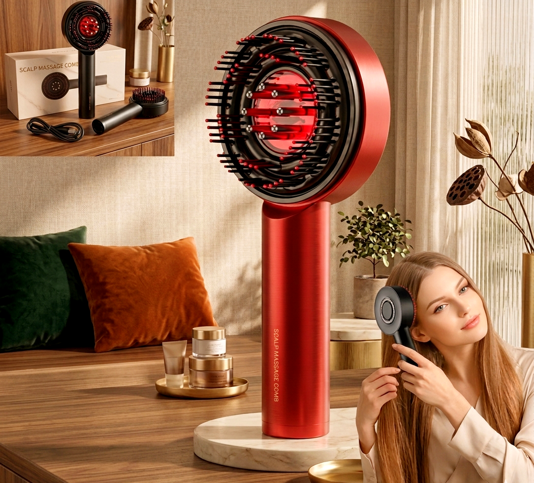 3-in-1 Electric 72 Bristle Scalp Massager & Oil Applicator - Red / Blue Light Therapy Hair Growth Brush with 360° Kneading Massage and Serum Tank