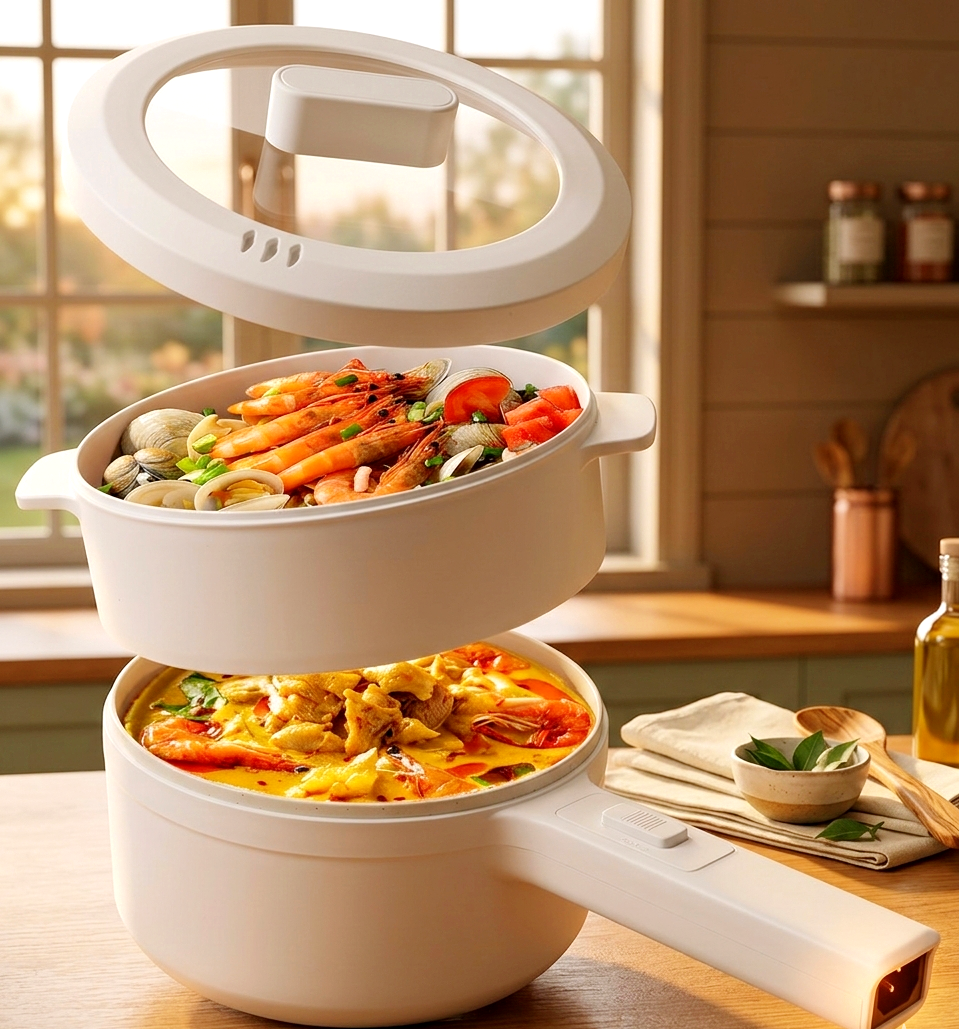 Electric Skillet With Steamer Multi- functional Portable Hot Pot 1.5L - Home - Kitchen - Students - Traveling