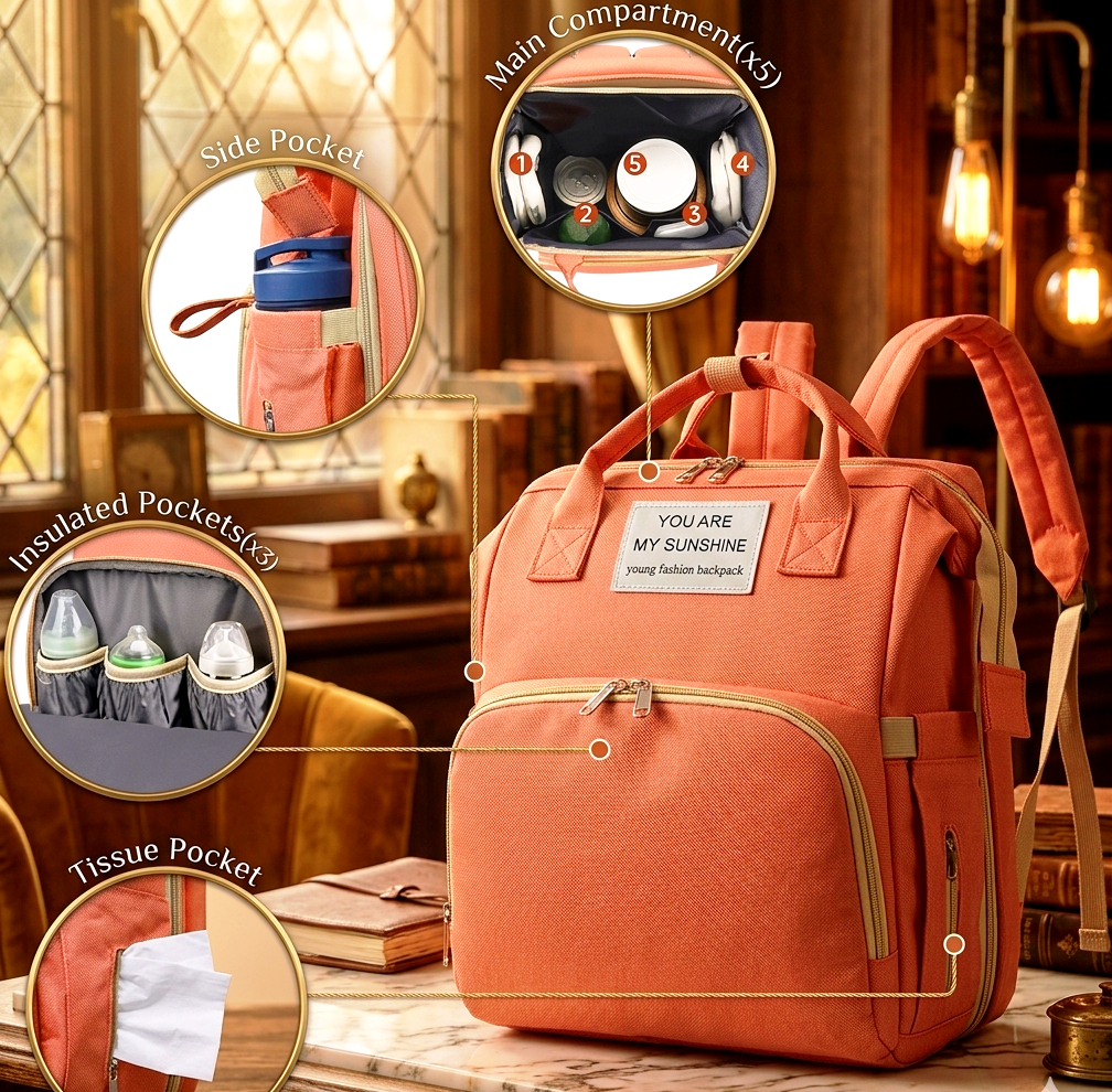 3-in-1 Foldable Baby Diaper Bag Backpack with Stroller Straps – Durable Waterproof Travel Cradle & Toddler Changing Station – Stylish Large Capacity Maternity Bag for Mom and Dad