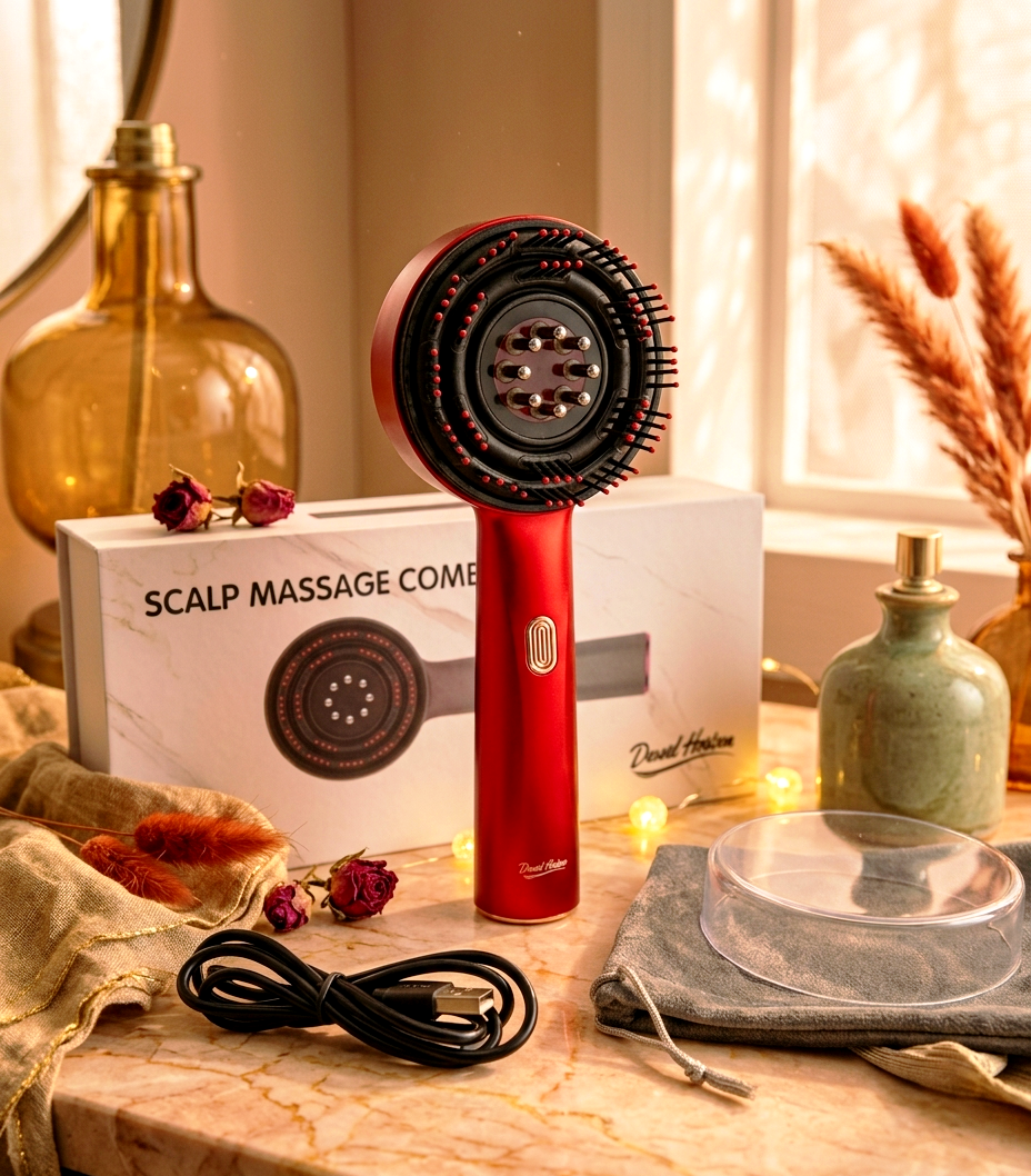 3-in-1 Electric 72 Bristle Scalp Massager & Oil Applicator - Red / Blue Light Therapy Hair Growth Brush with 360° Kneading Massage and Serum Tank