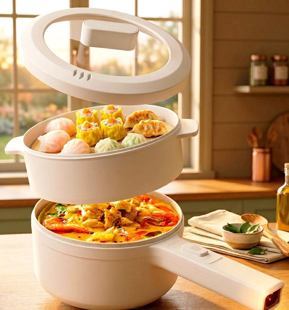 Electric Skillet With Steamer Multi- functional Portable Hot Pot 1.5L - Home - Kitchen - Students - Traveling