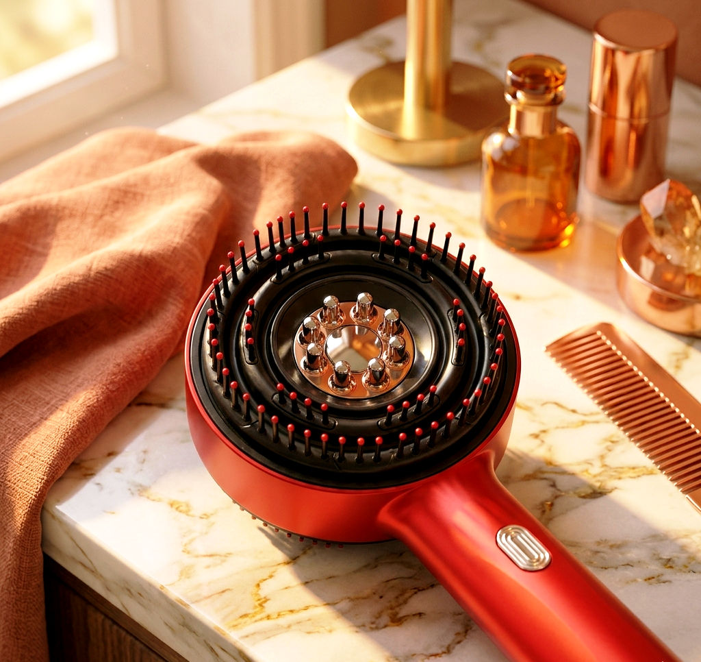 3-in-1 Electric 72 Bristle Scalp Massager & Oil Applicator - Red / Blue Light Therapy Hair Growth Brush with 360° Kneading Massage and Serum Tank