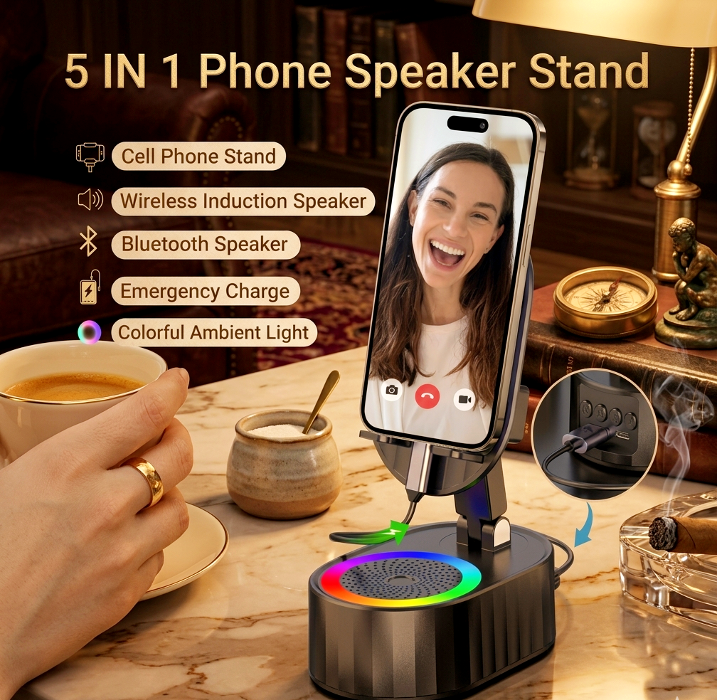 Wireless Bluetooth Speaker Phone Stand – 40.5W High-Power HD Audio Mobile Holder with LED Lights, USB & TF Card Support