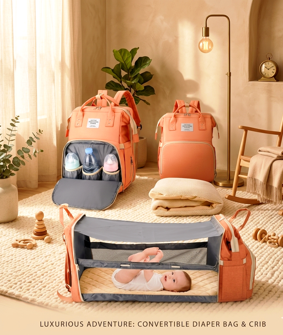 3-in-1 Foldable Baby Diaper Bag Backpack with Stroller Straps – Durable Waterproof Travel Cradle & Toddler Changing Station – Stylish Large Capacity Maternity Bag for Mom and Dad